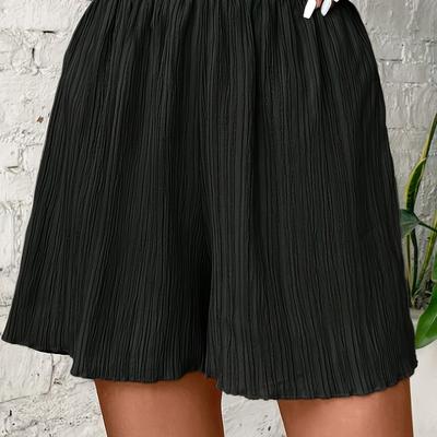 TEMU Women's Elegant Solid Color Elastic Waistband Shorts With Pleated Detailing - Mid--washable Casual Shorts For Spring Summer Fall, Regular Fit, Seasonal Wear | Medium Elasticity Image