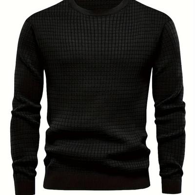TEMU Trendy Waffle Pattern Sweatshirt, Men's Casual Slightly Stretch Crew Neck Pullover Sweatshirt For Autumn Winter Image