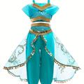 Toddler Girls Ruffle Trim Cold Shoulder Sequins Top & Mesh Spliced Pants Dress Up Princess Halloween Party Performance Outfit For Summer Clothes Mardi Gras