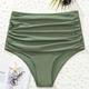 High Waist Ruched Swim Briefs, Solid Green Stretchy Tummy Control Bikini Bottoms, Women's Swimwear & Clothing