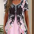 Plus Size Casual Top, Women's Plus Colorblock Floral Print Short Sleeve Round Neck Medium Stretch 2 In 1 Top
