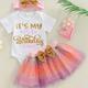 "3pcs Baby Girls Cute ""it's My 1st Birthday"" Graphic Short Sleeve Onesie Romper & Mesh Bowknot Skirt & Headband Set, Party Birthday Gifts, Kids Cotton Clothes"