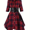 Palid Pu Belted Dress, Casual Button Down Long Sleeve Shirt Dress, Women's Clothing