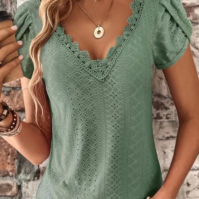 TEMU Elegant Pink V-neck Blouse With Ruffle Sleeves & Contrast Lace Detail - Stretchy Fabric, Short Petal Sleeves, Summer , Blouse | Ruffle Sleeve Top | Polyester Blen Image