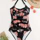 Floral Print Ruched 1 Piece Swimsuit, Halter Neck Tummy Control High Cut Bathing Suit, Women's Swimwear & Clothing