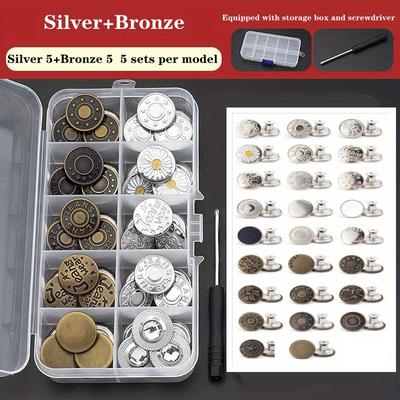 TEMU 50 Sets Vintage Metal Screw Type Jeans Buttons Replacement Kit, Multicolor & Silvery Grey, Seamless Tack Buttons For Diy Crafts And Clothing Repair Image