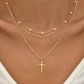2pcs Baroque Multilayer Cross Pendant Necklaces With Faux Pearl Chain Choker Necklace Jewelry For Women Gift