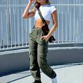 Army Green Cargo Pants, Flap Pockets High Waist Loose Fit Non-stretch Casual Denim Pants, Y2k Kpop Vintage Style, Women's Denim Jeans & Clothing