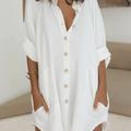 Plus Size Casual Blouse, Women's Plus Solid Roll Up Long Sleeve Button Up Mock Neck Tunic Shirt Top