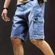 Flap Pockets Cargo Denim Shorts, Men's Casual Multi Pocket Mid Stretch Waist Drawstring Cargo Denim Shorts For Summer Outdoor