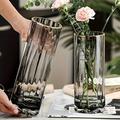 1pc Glass Cylinder Vase, Premium Quality Golden Edge Clear Glass Flower Vase For Home Decor, Modern Style Cylinder Thickened Minimalism Striped Hand Blown Vase For Living Room Office Bedroom Decor