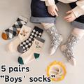 5 Pairs Of Boy's Trendy Cartoon Checkered Crew Socks, Breathable Comfy Casual Style Unisex Socks For Kids Outdoor All Seasons Wearing