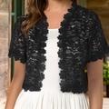 Contrast Lace Solid Knit Cardigan, Elegant Open Front Short Sleeve Cardigan, Women's Clothing