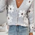 Floral Pattern Button Front Cardigan, Long Sleeve V Neck Cardigan For Fall & Winter, Women's Clothing