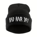 Bad Hair Day Graphic Beanie Trendy Embroidered Black Coldproof Skull Cap Casual Elastic Knit Hats Cuffed Beanies For Women Men Autumn & Winter