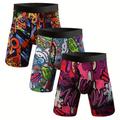 3pcs Men's Graffiti Print Long Boxer Briefs Shorts, Breathable Comfy Quick Drying Stretchy Boxer Trunks, Sports Trunks, Swim Trunks, Skateboard Surfing Beach Pants, Men's Novelty Underwear