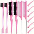 12 Pieces Hair Brush Set, Nylon Teasing Hair Brushes 3 Row Salon Teasing Brush, Double Sided Hair Edge Brush Smooth Comb Grooming, Rat Tail Combs With Duckbill Clips For Women Girls