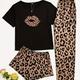 3pcs Lips & Leopard Print Pajama Set, Breathable Short Sleeve Slight Stretch Top + Loose Shorts + Long Pants, Women's Loungewear & Sleepwear