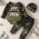 Baby Boy's Camouflage Long Sleeve Suit, New To The Crew Letter Printed Romper & Trousers Set, Cotton Comfy Casual Set For Newborn