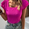 Solid Double-layer Flying Sleeve T-shirt, Casual Square Neck T-shirt For Spring & Summer, Women's Clothing