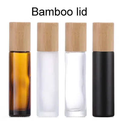 12X 24X 5ML 10ML Glass Essential Oil Roll On Bottles Natural Bamboo Wood Lid Perfume Vials Steel
