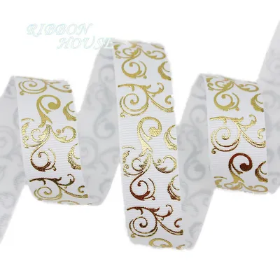 (10 yards/lot) 25mm White gold foil Hot stamping grosgrain ribbon gift wedding ribbons roll