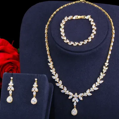 CWWZircons 3pcs Women Costume Big Gold Plated Jewelry Set Shiny Cubic Zirconia Drop Dubai Brides