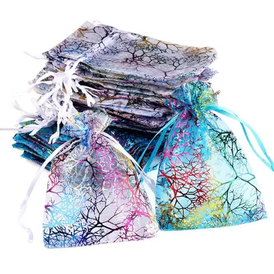 25/50/100pcs/lot Organza Gift Bag Jewelry Packaging Drawstring Bag Multi-size Colorful Trees