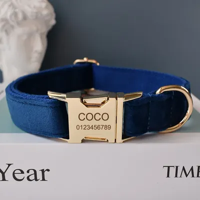 Blue Collar Personalized Velvet Cotton Quality Fabric For Small Medium Large Dog Custom Metal Parts