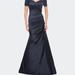 La Femme Off the Shoulder Satin and Lace Mermaid Pleated Gown - Blue - 14