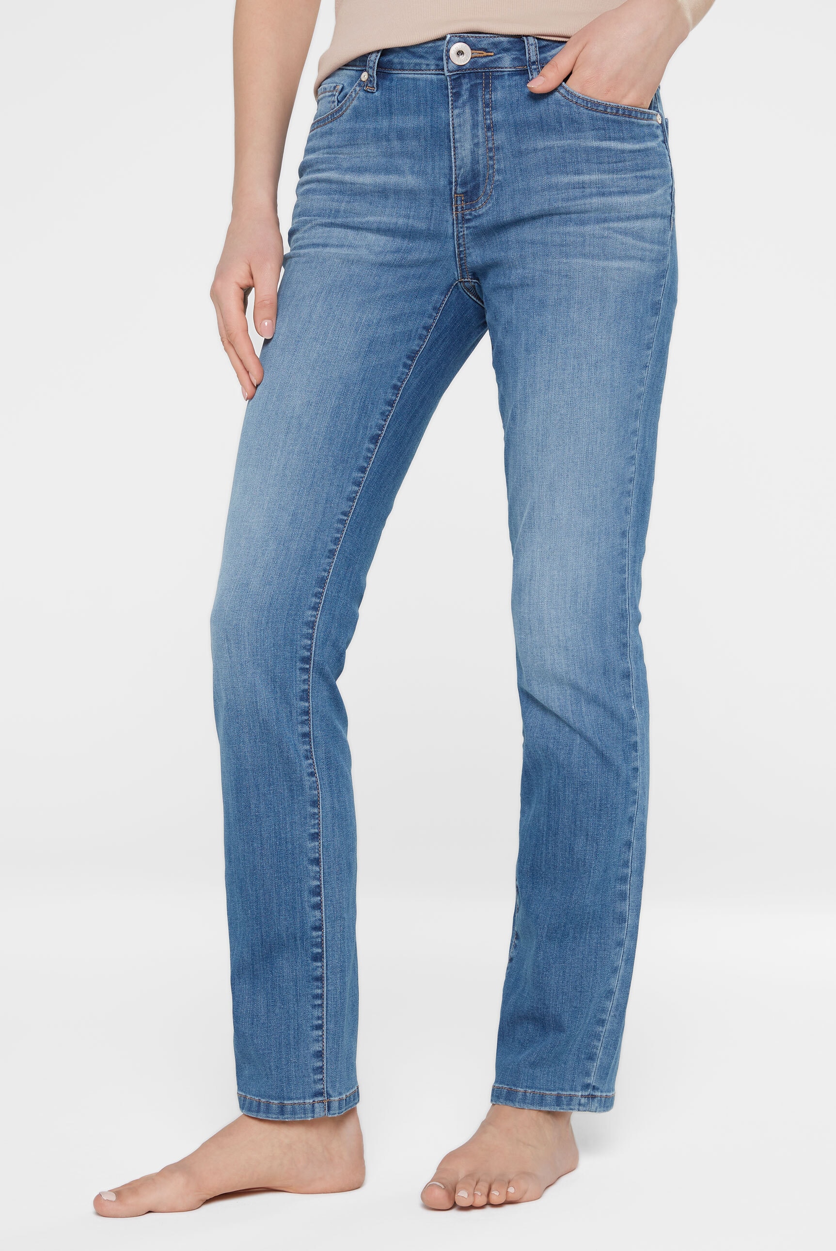 Regular-fit-Jeans SENSES.THE LABEL, Damen, Gr. 26, Länge 30, blau, Material: 78% Baumwolle, 21% Polyester, 1% Elasthan, Abriebeffekte, regular fit, Jeans, mit verkürztem Bein