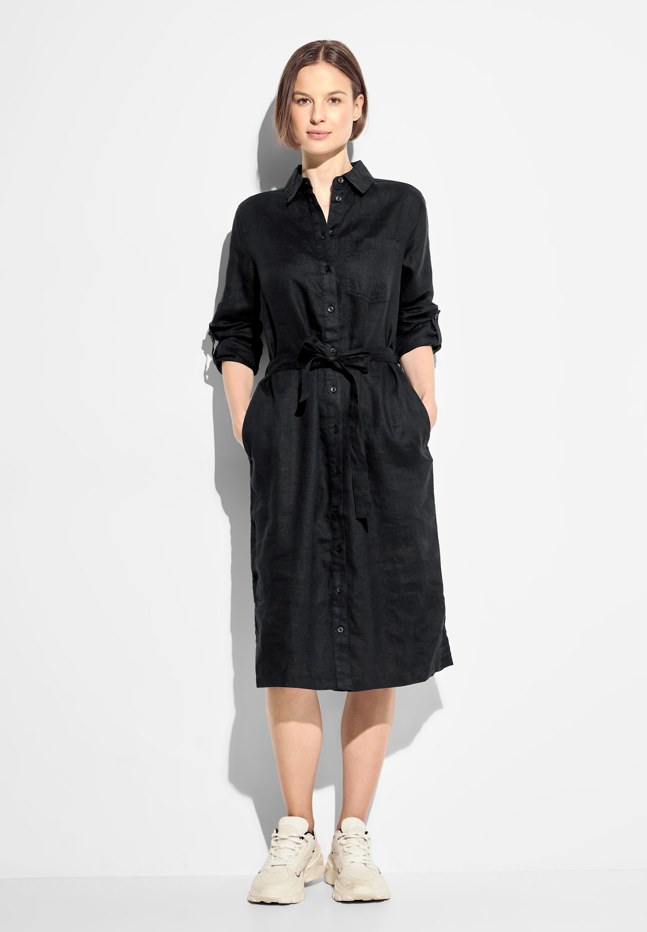 Blusenkleid CECIL, Damen, Gr. XS (36), US-Größen, schwarz, Stoff, 100% Leinen, unifarben, gerade kniebedeckend, V-Ausschnitt, Bündchen, Kleider Blusenkleid, in Unifarbe