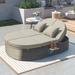 Outdoor Sun Bed 2-Person Daybed with Cushions, Rattan Reclining Chaise Lounge with Adjustable Backrests and Foldable Cup Trays