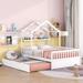 Wooden Full Size House Bed with Twin Size Trundle,Kids Bed with Shelf,White