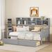 Twin/Full Size Daybed with 2 Storage Drawers and Bedside Bookcase, Solid Wood Daybed Frame Sofa Bed w/ Storage Shelves for Kids