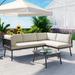 3-Piece L-Shaped PE Rattan Sectional Sofa Set, All Weather Metal Patio Sectional Set with Cushions and Glass Table for Backyard