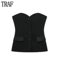 TRAF Black Satin Bustier Top donna corsetto Crop Top donna Sexy Backless Tube Top per le donne Off