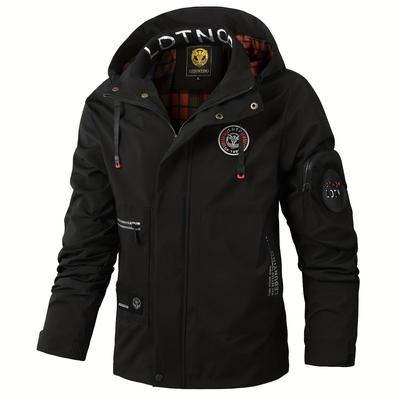 TEMU Men's Windbreaker Hooded Jacket, Casual Solid Color With , Polyester 100% Long Sleeve Zip Up Jacket For Spring/fall, Stand Collar With Pockets, Regular Hem, Outdoor Weekend Casual Wear Image