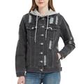 Anna-Kaci Detachable Hoodie Denim Distressed Jean Jacket - Black