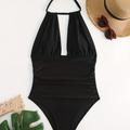 Maillot De Bain Une Pièce Noir À Col Halter, Maillot De Bain Échancré À Dos Nu Et À Contrôle Du Ventre, Vêtements Et Maillots De Bain Pour Femmes