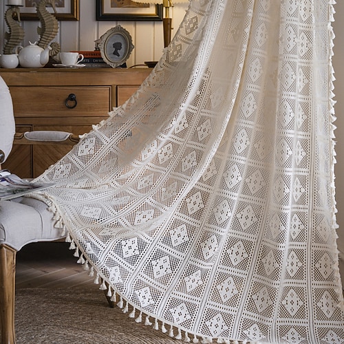 Boho-Spitzen-Fenstervorhang mit Quaste, Vintage-Blumen- und geometrische Häkelvorhänge, lichtfilternde Stangentaschen-Fenstervorhänge für Schlafzimmer und Wohnzimmer, 1 Panel Image