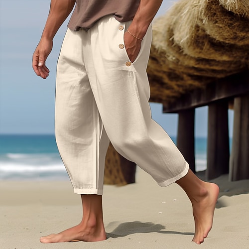 Herren Leinenhosen Hose Sommerhose Kordelzug Elastischer Bund Einfach Komfort Atmungsaktiv Volle Länge Lässig Täglich Ferien Mode Klassicher Stil Weiß Blau Image