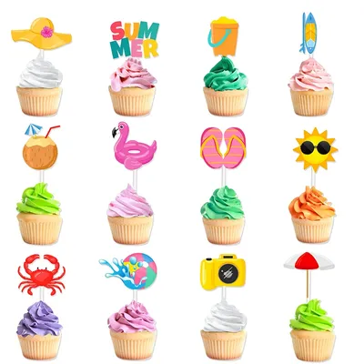 12pcs Summer Beach Hawaii Cupcake Toppers Sun Umbrella ball Cake Toppers Hawaiian Pool Theme Birthday Party Cake Decorations