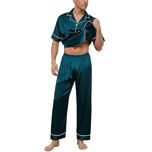 Herren Schlafanzüge Schlafanzug Set Pyjama-Oberteil und Hose 1 Set Glatt Modisch Stilvoll Klassisch Heim Täglich Bett Polyester Komfort Atmungsaktiv Weich Kargen Kurzarm Hemd Hose Taste Elastische Image