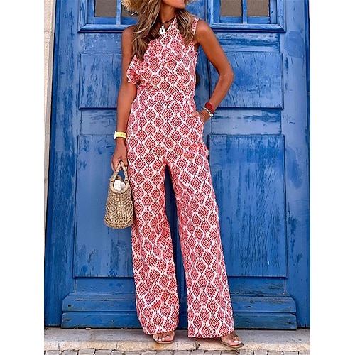 Damen Normal Jumpsuit Strassenmode Geometrisch Ärmellos Ein-Schulter Rüsche Tasche Strasse Täglich Regular Fit Fuchsie Sommer Image