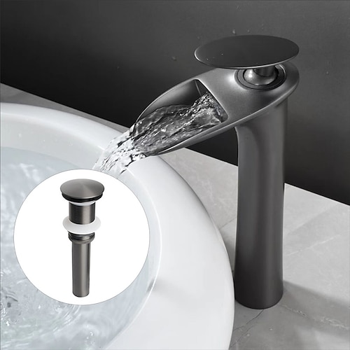 Wasserfall-Waschbecken-Mischbatterie hoch, Mono-Waschbecken Einhebelmischer Deck montiert, Waschraum mit Warm- und Kaltschlauch Monoblock-Gefäß Wasserhahn aus Messing Image
