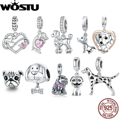 WOSTU Original 925 Sterling Silver Dalmatian Bead Pet Series Doggy Charm for Women Fit Bracelet &