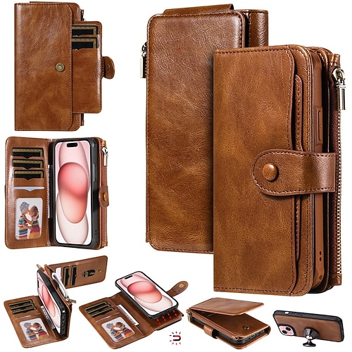 Handy Hülle Handyhüllen Für iPhone 17 Pro Max 17 Air 16 15 14 Pro Max Plus 13 12 11 Pro Max Mini Brieftaschenhülle Abnehmbar Magnetisch Reisverschluss Retro TPU PU-Leder Image