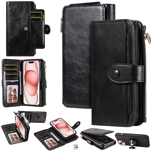 Handy Hülle Handyhüllen Für iPhone 17 Pro Max 17 Air 16 15 14 Pro Max Plus 13 12 11 Pro Max Mini Brieftaschenhülle Abnehmbar Magnetisch Reisverschluss Retro TPU PU-Leder Image