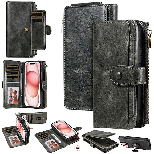 Handy Hülle Handyhüllen Für iPhone 17 Pro Max 17 Air 16 15 14 Pro Max Plus 13 12 11 Pro Max Mini Brieftaschenhülle Abnehmbar Magnetisch Reisverschluss Retro TPU PU-Leder Image
